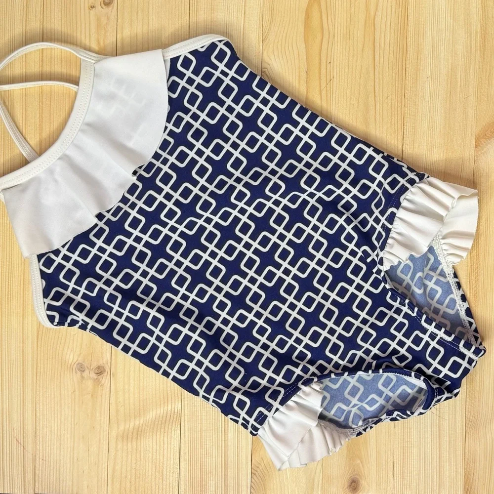 Circo Navy and White Geometric Patterned Swimsuit. Size 4. Great Condition